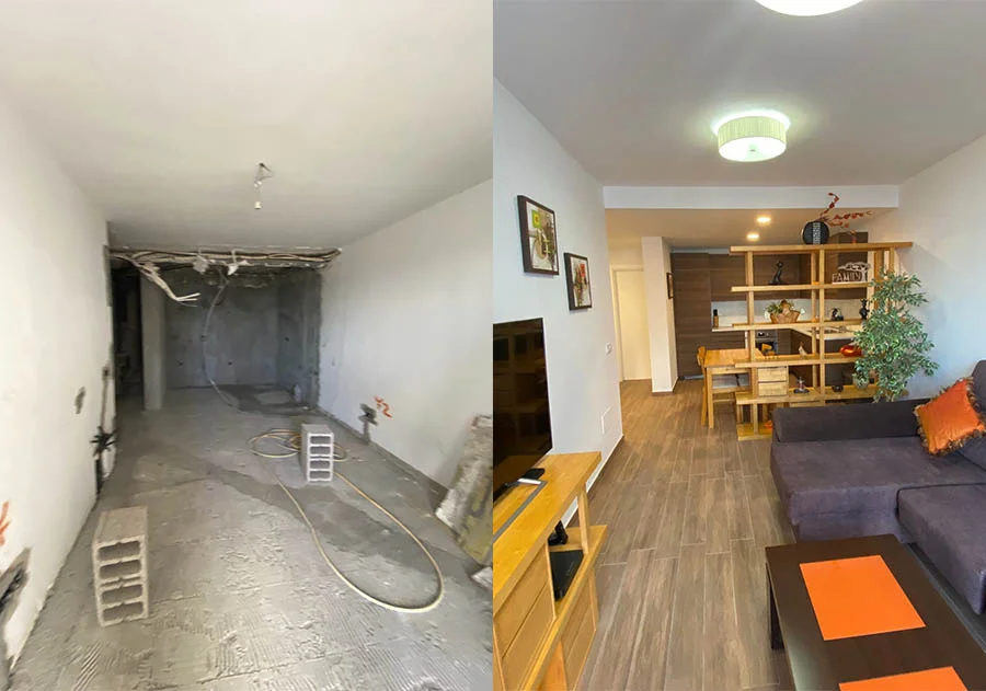 Comparativa del antes y después de una reforma de salón-cocina en vivienda, pasando de obra en bruto a espacio moderno y amueblado. Foto propiedad de Vigasa.