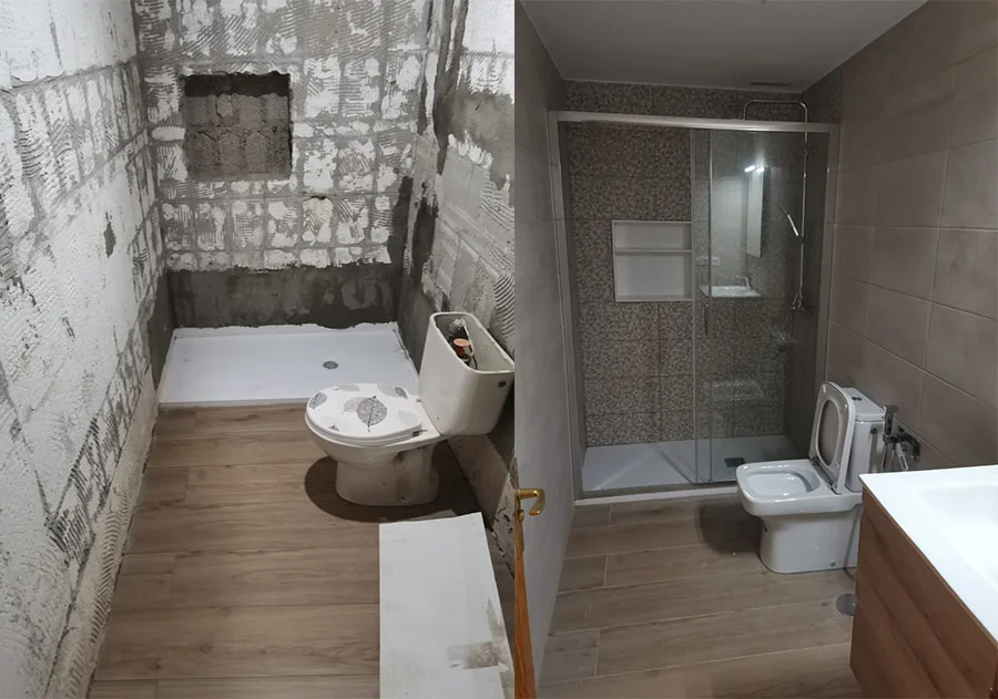 Comparativa del antes y después de una reforma de baño, con cambio completo de revestimientos, sanitarios y ducha con mampara. Foto propiedad de Vigasa.