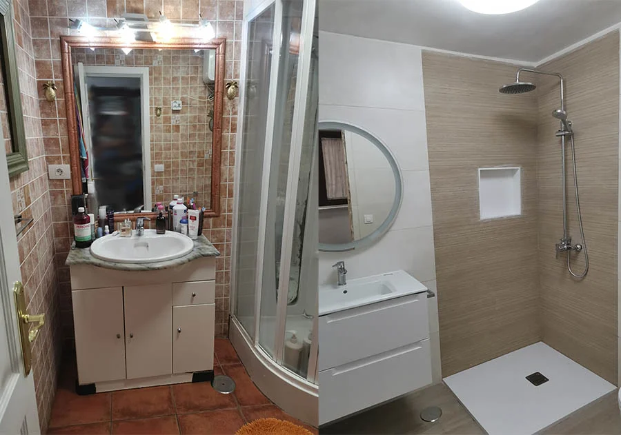 Comparativa del antes y después de una renovación de baño, con cambio de mobiliario, azulejos y sustitución de cabina por ducha de obra. Foto propiedad de Vigasa.